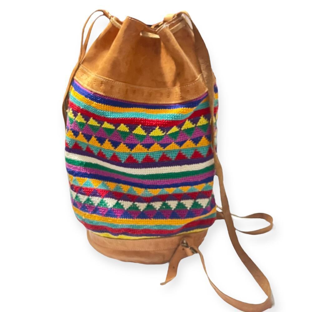 Vintage 90s Traditional Ethnic Leather Knit Drawstring Bucket Bag Multi Unisex